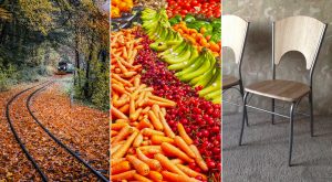 Tre bilder ihopklippta. Ett tåg kommer åkande en höstdag bland löv, morötter, körsbär och bananer ligger upplagda i rader och en trästol på ett grått golv.