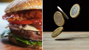 En delad bild där vänstra delen är en stor hamburgare delad på mitten. Andra halvan är några mynt som ramlar ned mot ett bord.