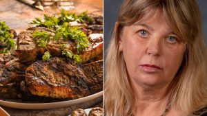 En bild på grillat kött och en bild på forskaren Annika Carlsson-Kanyama.