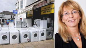 En bild på en massa tvättmaskiner utanför en butik. Och en bild på forskaren Oksana Mont.