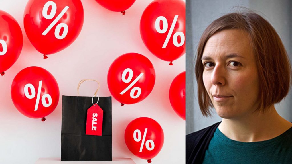 Röda balloner med procenttecken på och infälld bild på Åsa Callmer.