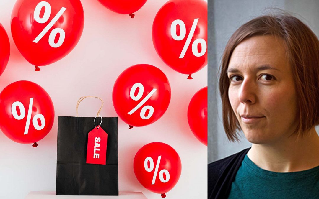 Röda balloner med procenttecken på och infälld bild på Åsa Callmer.