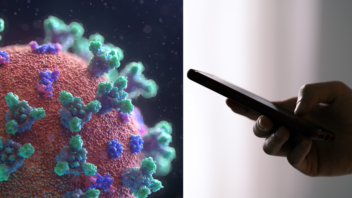 Coronavirus och en hand med mobil