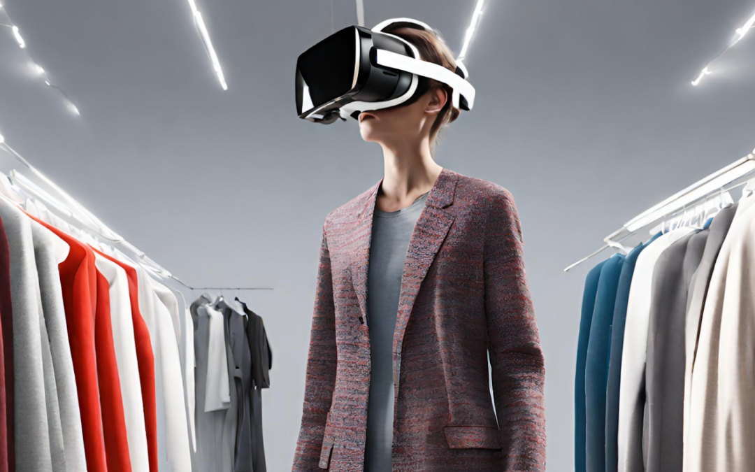 Kvinna med VR-headset tittar runt i en klädaffär