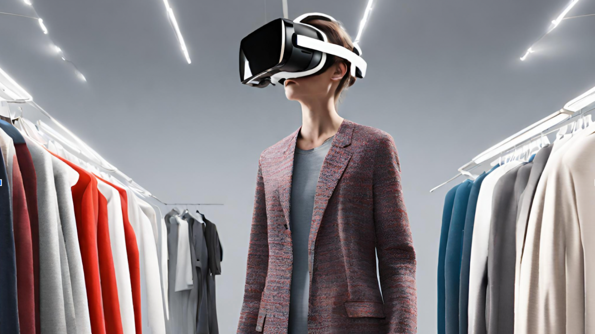 Kvinna med VR-headset tittar runt i en klädaffär