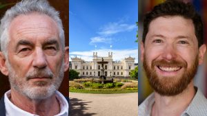 Porträtt på Tim Jackson, Lunds universitets byggnad och porträtt på Matthias Lehner.