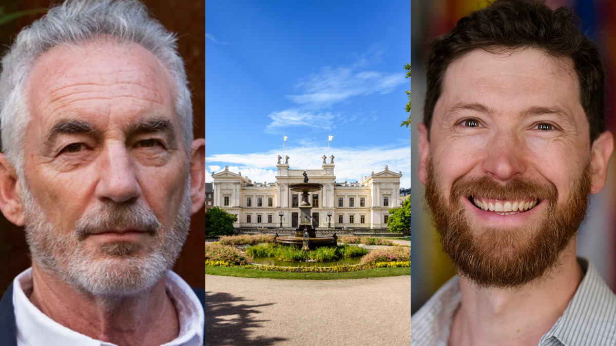 Porträtt på Tim Jackson, Lunds universitets byggnad och porträtt på Matthias Lehner.