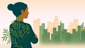 Illustration med kvinna som tittar ut över en stad.
