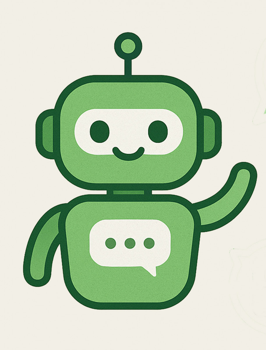 En liten grön robot med tre pratbubblor, em med mat, en med flygplan och en med papper som det står tax på